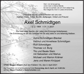 Traueranzeige von Axel Schmidtgen von Siegener Zeitung