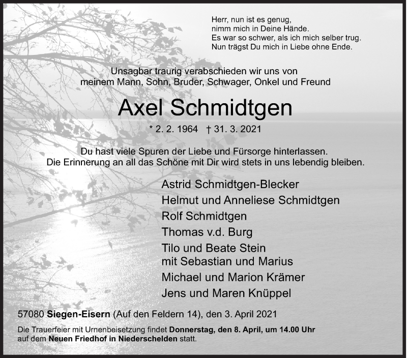  Traueranzeige für Axel Schmidtgen vom 03.04.2021 aus Siegener Zeitung