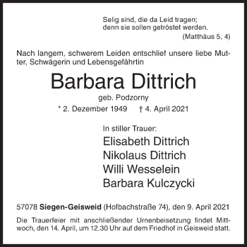 Traueranzeige von Barbara Dittrich von Siegener Zeitung
