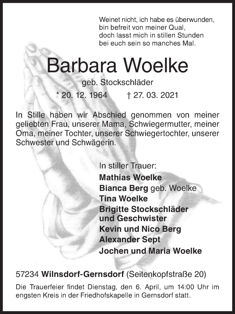  Traueranzeige für Barbara Woelke vom 03.04.2021 aus Siegener Zeitung