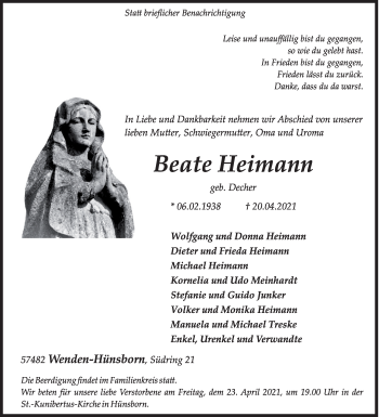 Traueranzeige von Beate Heimann von Siegener Zeitung