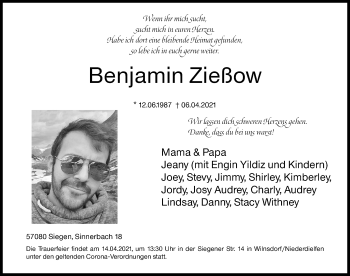 Traueranzeige von Benjamin Zießow von Siegener Zeitung