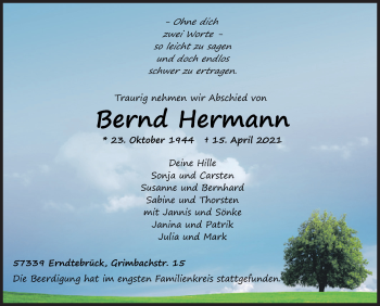Traueranzeige von Bernd Hermann von Siegener Zeitung