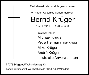 Traueranzeige von Bernd Krüger von Siegener Zeitung