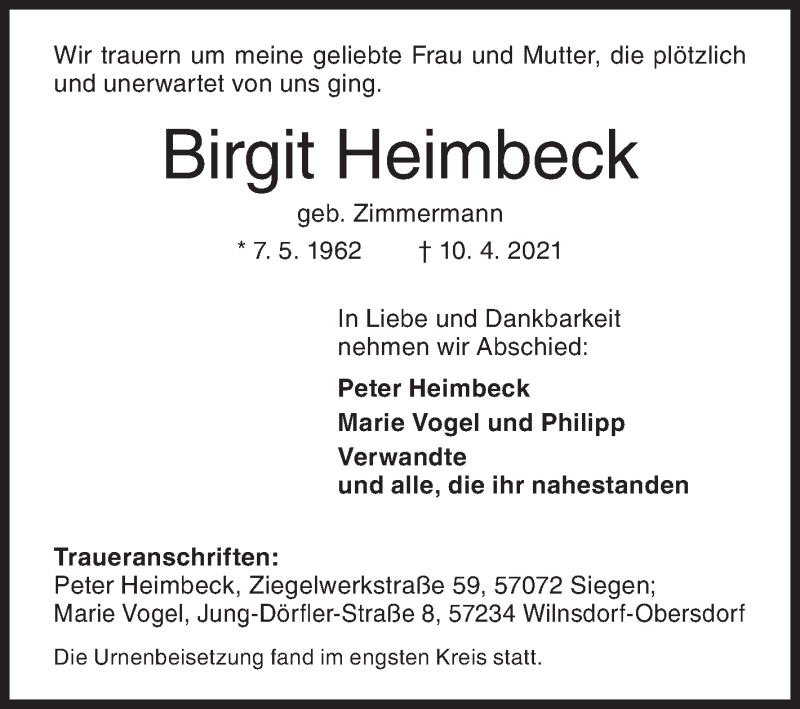  Traueranzeige für Birgit Heimbeck vom 24.04.2021 aus Siegener Zeitung
