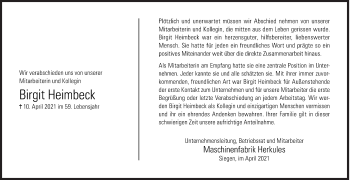 Traueranzeige von Birgit Heimbeck von Siegener Zeitung