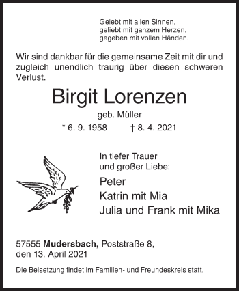 Traueranzeige von Birgit Lorenzen von Siegener Zeitung