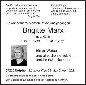 Traueranzeige von Brigitte Marx von Siegener Zeitung
