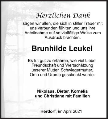 Traueranzeige von Brunhilde Leukel von Siegener Zeitung