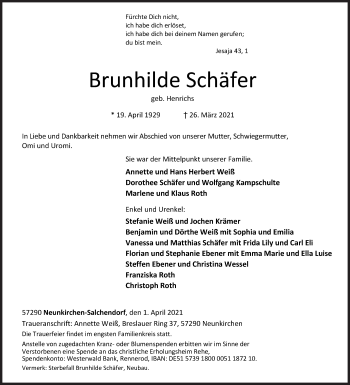 Traueranzeige von Brunhilde Schäfer von Siegener Zeitung