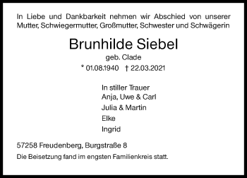 Traueranzeige von Brunhilde Siebel von Siegener Zeitung