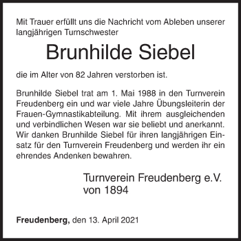 Traueranzeige von Brunhilde Siebel von Siegener Zeitung