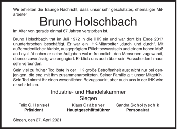 Traueranzeige von Bruno Holschbach von Siegener Zeitung