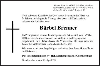 Traueranzeige von Bärbel Brenner von Siegener Zeitung