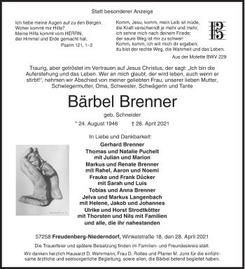 Traueranzeige von Bärbel Brenner von Siegener Zeitung