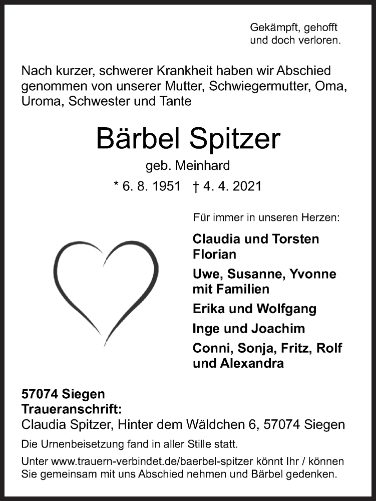  Traueranzeige für Bärbel Spitzer vom 14.04.2021 aus Siegener Zeitung