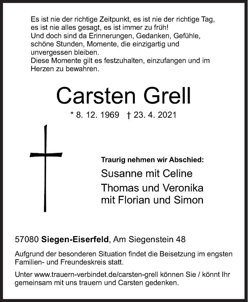  Traueranzeige für Carsten Grell vom 27.04.2021 aus Siegener Zeitung