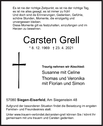 Traueranzeige von Carsten Grell von Siegener Zeitung