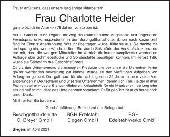 Traueranzeige von Charlotte Heider von Siegener Zeitung