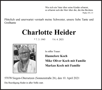 Traueranzeige von Charlotte Heider von Siegener Zeitung