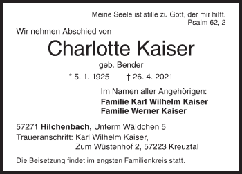 Traueranzeige von Charlotte Kaiser von Siegener Zeitung