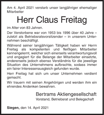 Traueranzeige von Claus Freitag von Siegener Zeitung