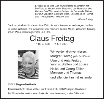 Traueranzeige von Claus Freitag von Siegener Zeitung