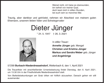 Traueranzeige von Dieter Jünger von Siegener Zeitung