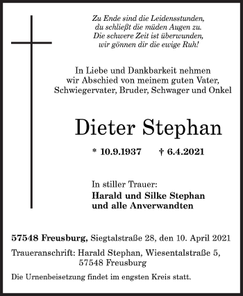 Traueranzeige von Dieter Stephan von Siegener Zeitung