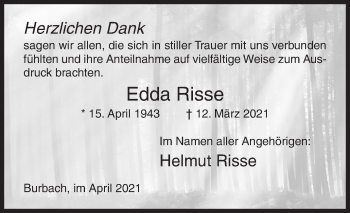 Traueranzeige von Edda Risse von Siegener Zeitung