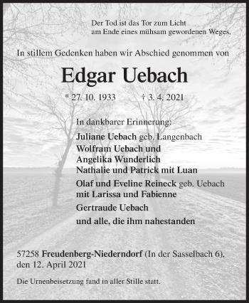 Traueranzeige von Edgar Uebach von Siegener Zeitung