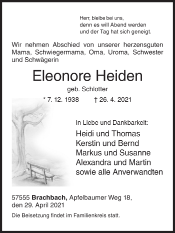 Traueranzeige von Eleonore Heiden von Siegener Zeitung