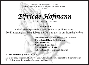 Traueranzeige von Elfriede Hofmann von Siegener Zeitung