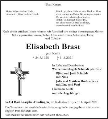 Traueranzeige von Elisabeth Brast von Siegener Zeitung