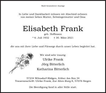 Traueranzeige von Elisabeth Frank von Siegener Zeitung