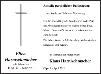 Traueranzeige von Ellen Harnischmacher von Siegener Zeitung