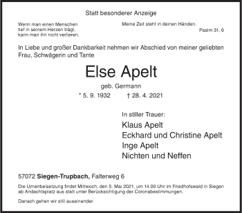 Traueranzeige von Else Apelt von Siegener Zeitung