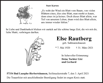 Traueranzeige von Else Rautberg von Siegener Zeitung