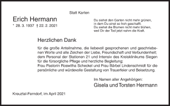 Traueranzeige von Erich Hermann von Siegener Zeitung