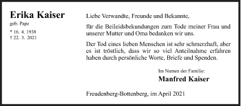 Traueranzeige von Erika Kaiser von Siegener Zeitung