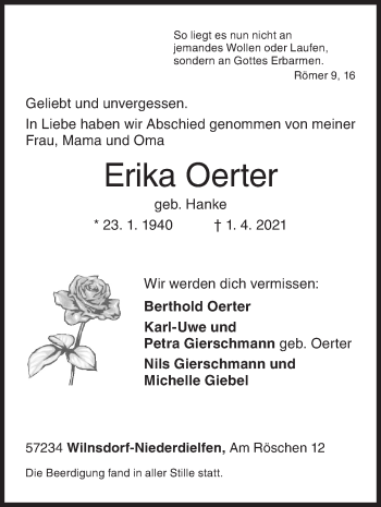 Traueranzeige von Erika Oerter von Siegener Zeitung