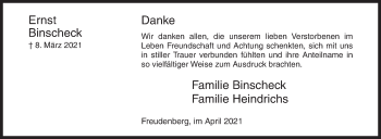Traueranzeige von Ernst Binscheck von Siegener Zeitung