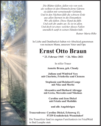 Traueranzeige von Ernst Otto Braun von Siegener Zeitung