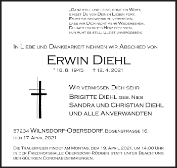 Traueranzeige von Erwin Diehl von Siegener Zeitung