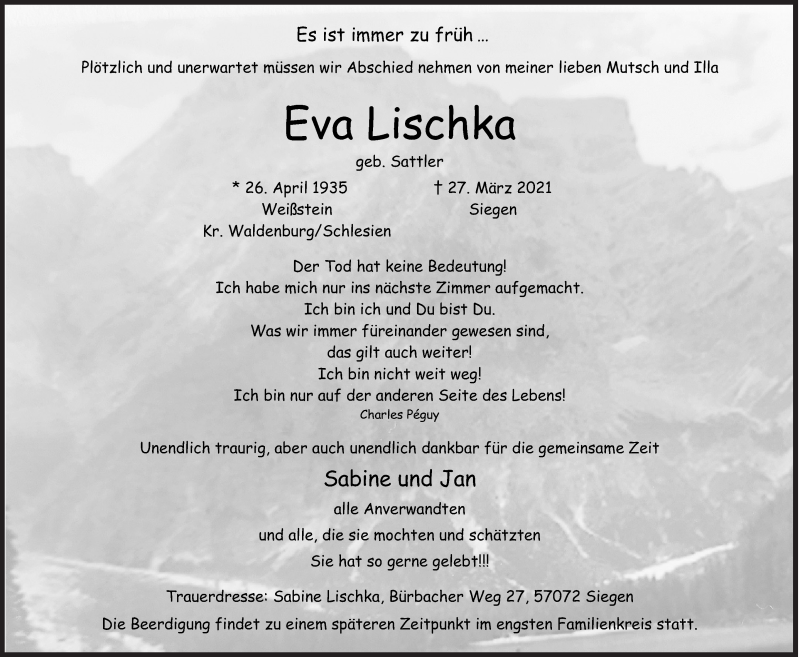  Traueranzeige für Eva Lischka vom 12.04.2021 aus Siegener Zeitung