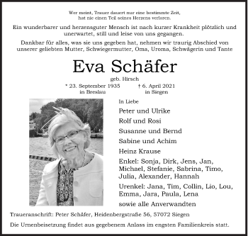 Traueranzeige von Eva Schäfer von Siegener Zeitung