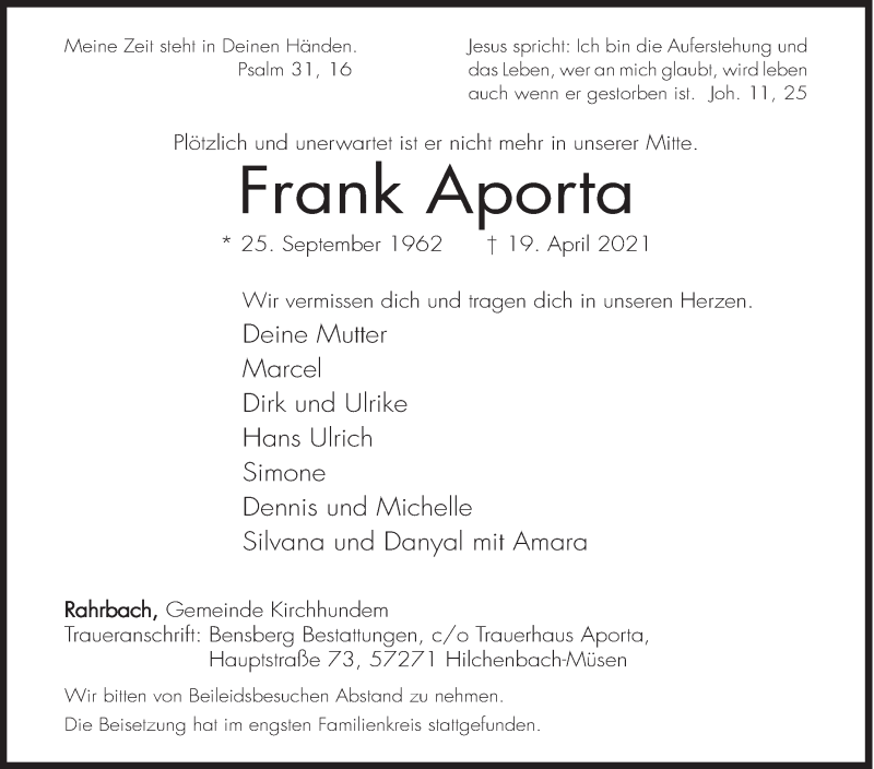  Traueranzeige für Frank Aporta vom 27.04.2021 aus Siegener Zeitung