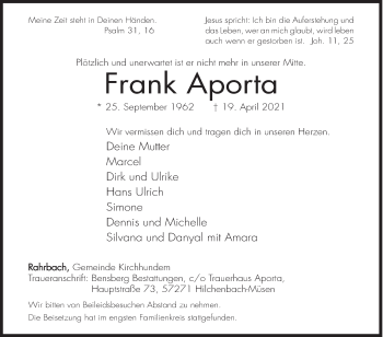 Traueranzeige von Frank Aporta von Siegener Zeitung