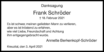 Traueranzeige von Frank Schröder von Siegener Zeitung
