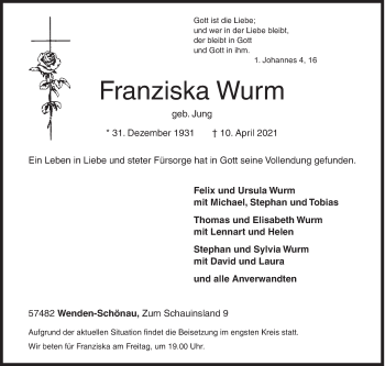 Traueranzeige von Franziska Wurm von Siegener Zeitung